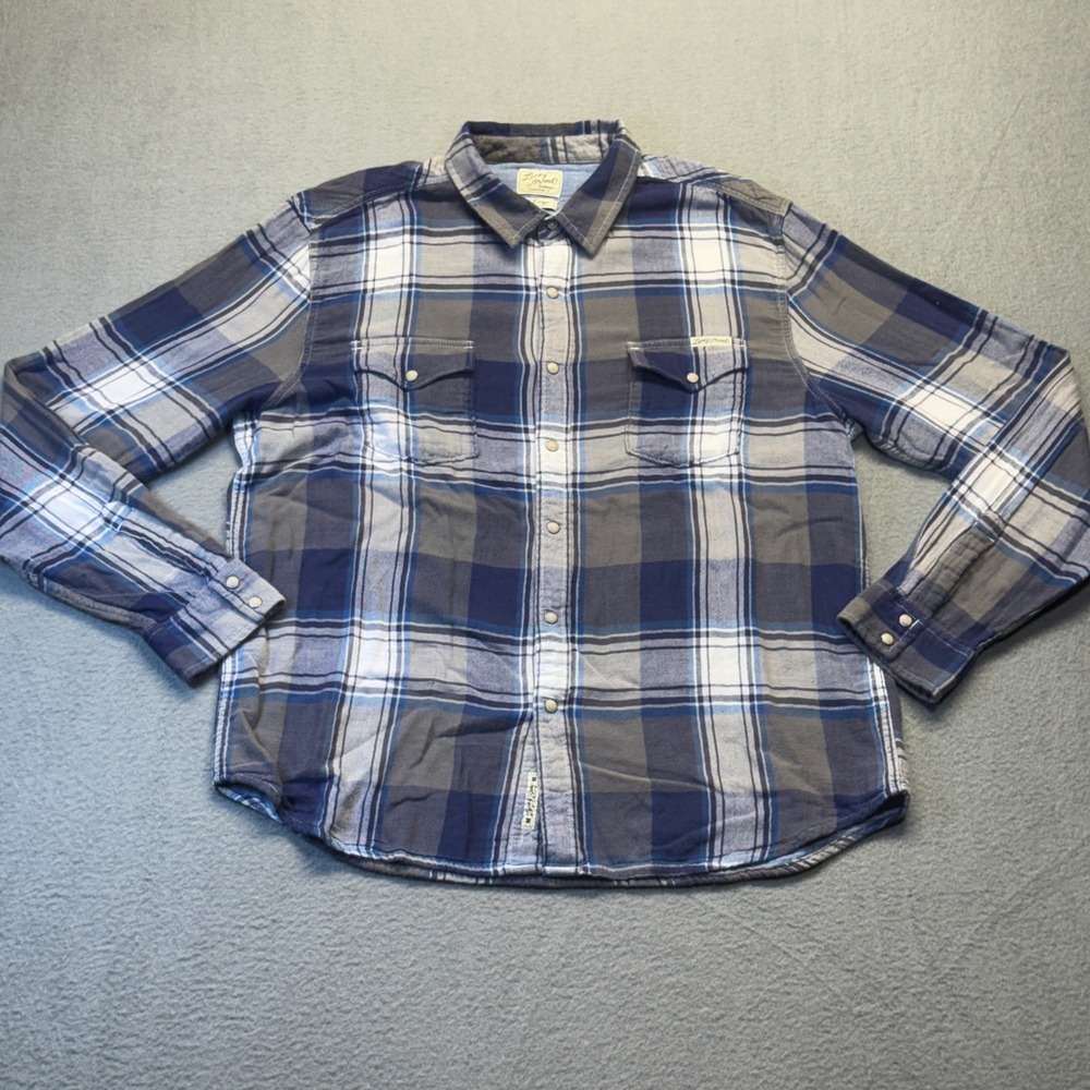 Lucky Brand Mens XL Western Pearl Snap Shirt Plaid Blue Grey Long Sleeve Pockets